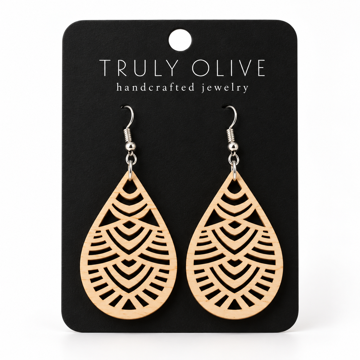 Geometric Teardrop wood earrings in Maple stain on a black Truly Olive card.
