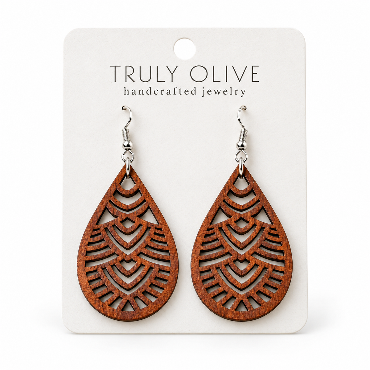 Geometric Teardrop wood earrings in Sapele stain on a white Truly Olive card.