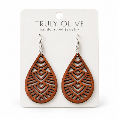 Geometric Teardrop wood earrings in Sapele stain on a white Truly Olive card.