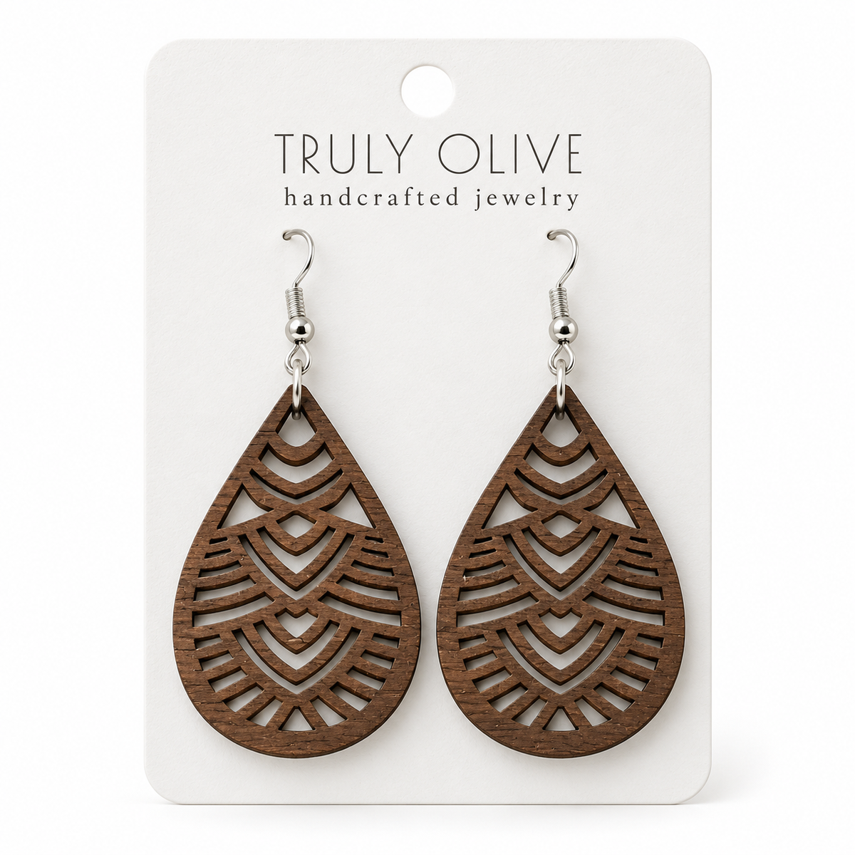 Geometric Teardrop wood earrings in Walnut stain on a white Truly Olive card.