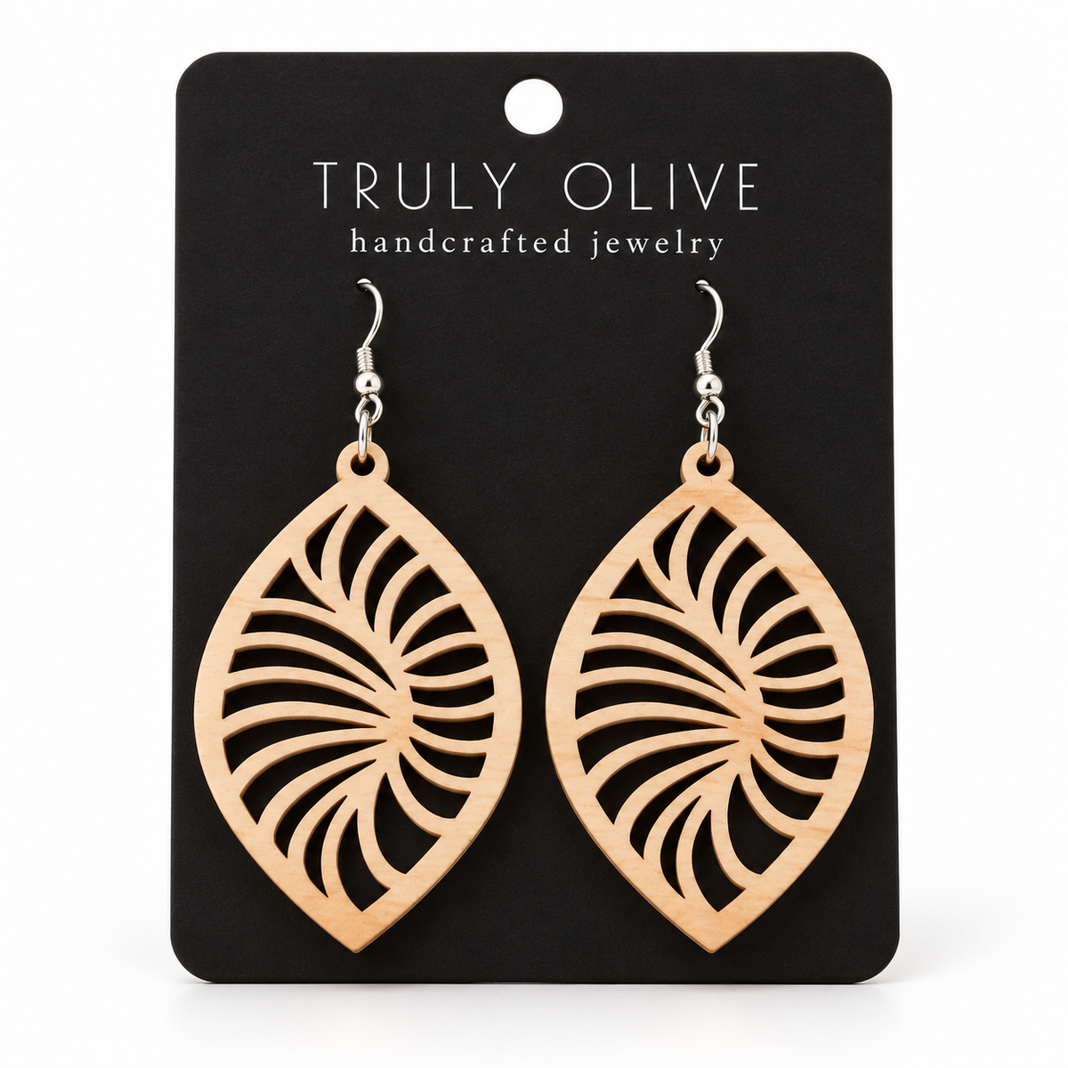 Spiral Leaf wood earrings in Maple stain on a black Truly Olive card.