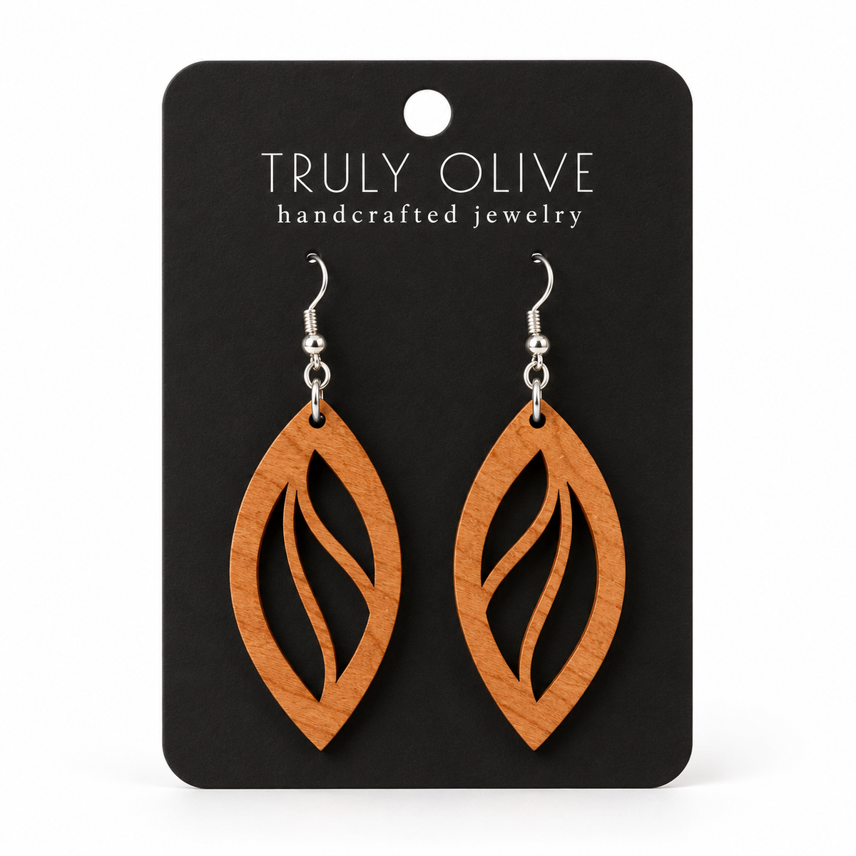 Open Leaf wood earrings in Cherry stain on a black Truly Olive card.