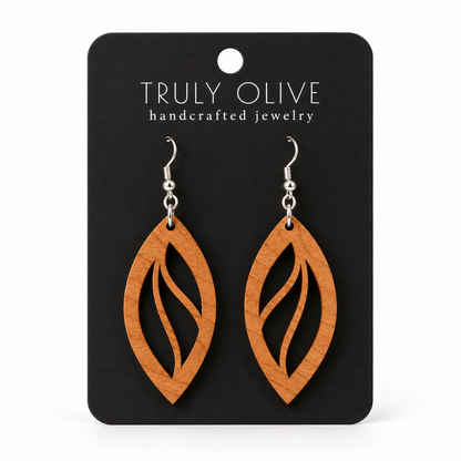 Open Leaf wood earrings in Cherry stain on a black Truly Olive card.