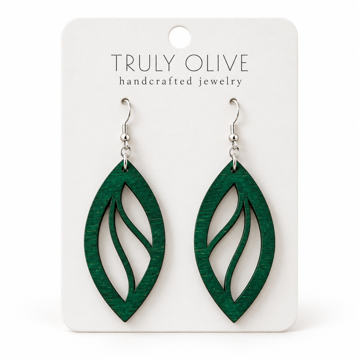 Open Leaf wood earrings in Green stain on a white Truly Olive card.