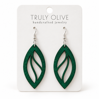 Open Leaf wood earrings in Green stain on a white Truly Olive card.