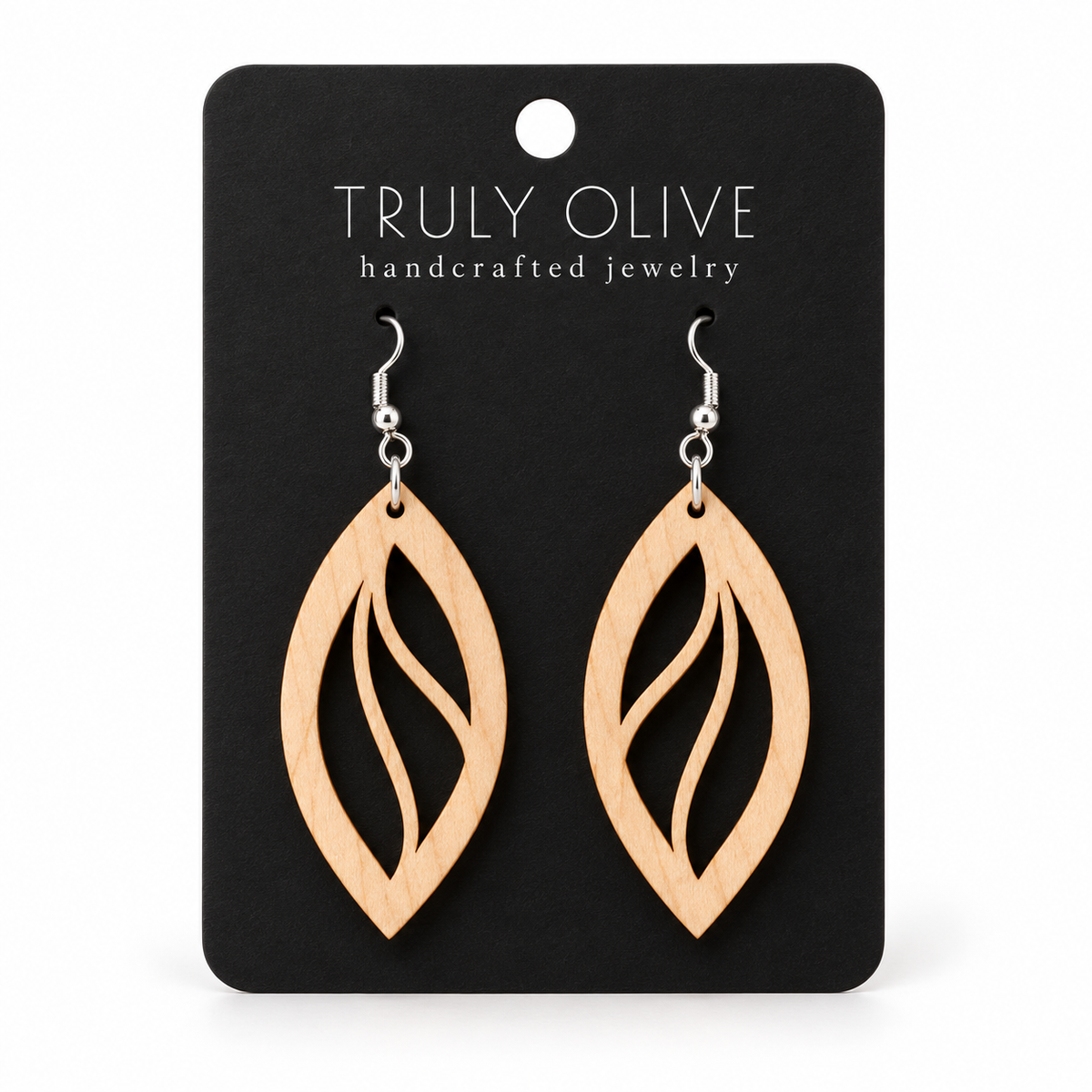 Open Leaf wood earrings in Maple stain on a black Truly Olive card.