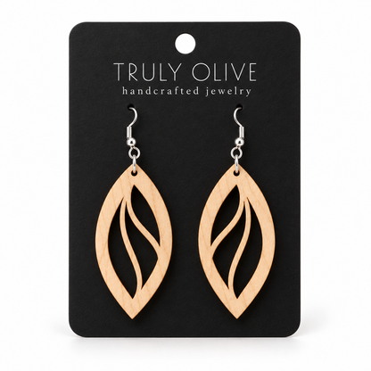 Open Leaf wood earrings in Maple stain on a black Truly Olive card.