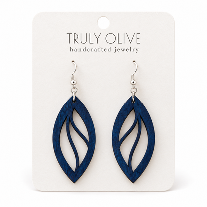 Open Leaf wood earrings in Marine Blue stain on a white Truly Olive card.