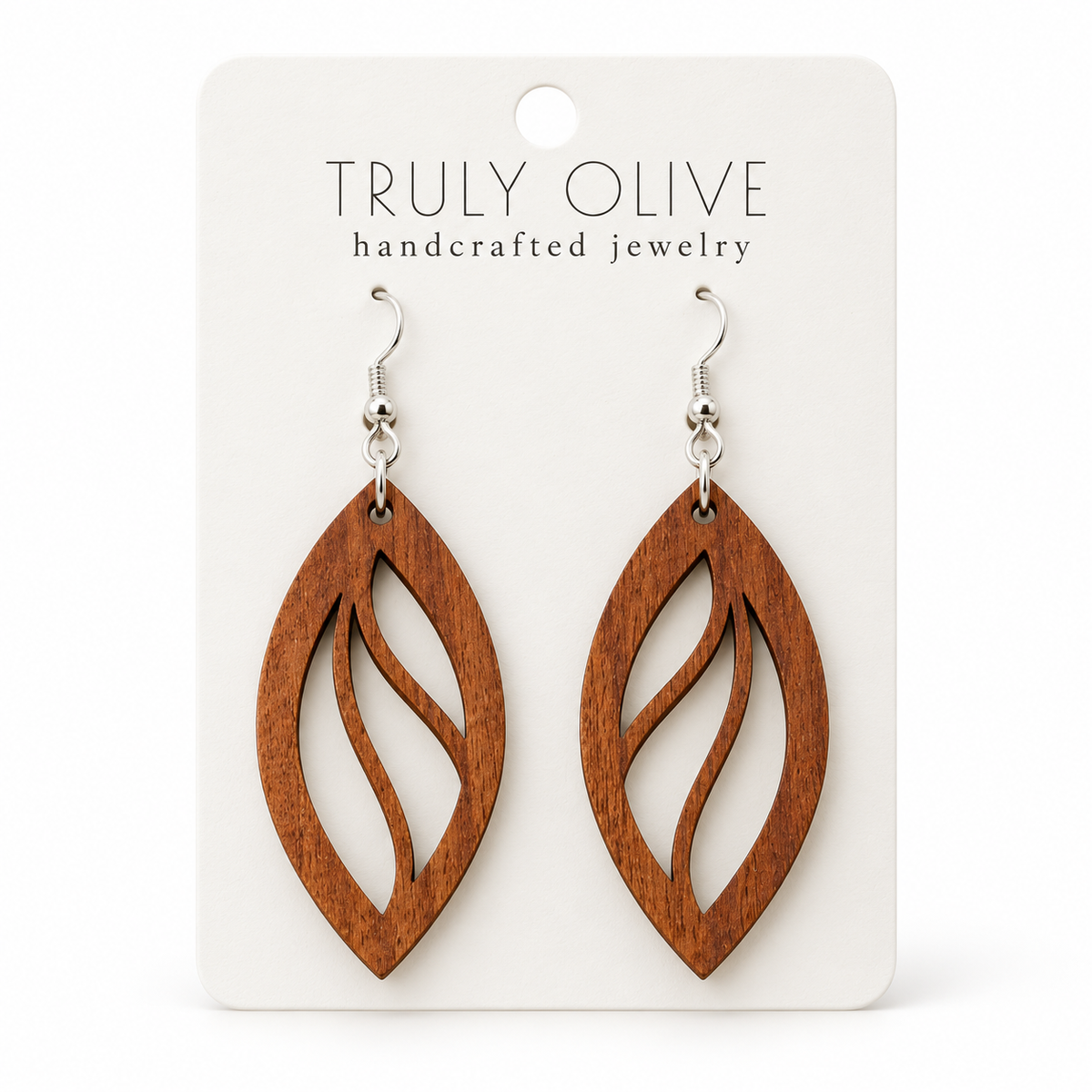 Open Leaf wood earrings in Sapele stain on a white Truly Olive card.