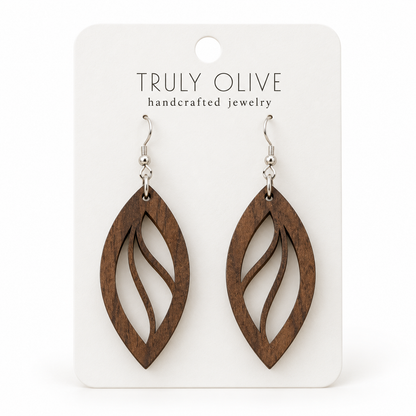 Open Leaf wood earrings in Walnut stain on a white Truly Olive card.