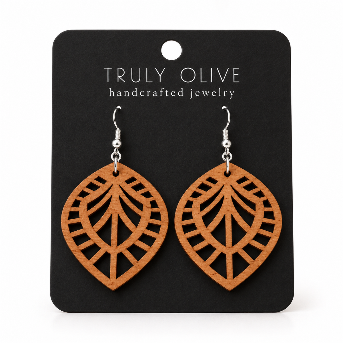 Leaf Lattice wood earrings in Cherry stain on a black Truly Olive card.