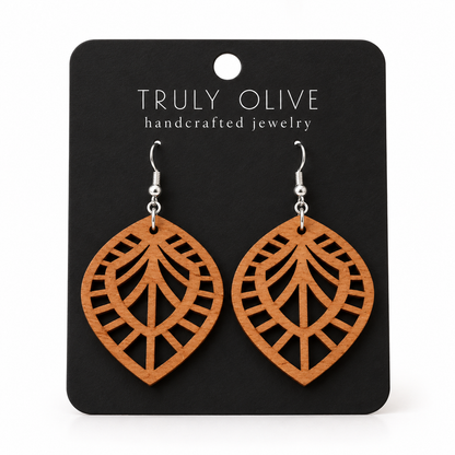 Leaf Lattice wood earrings in Cherry stain on a black Truly Olive card.