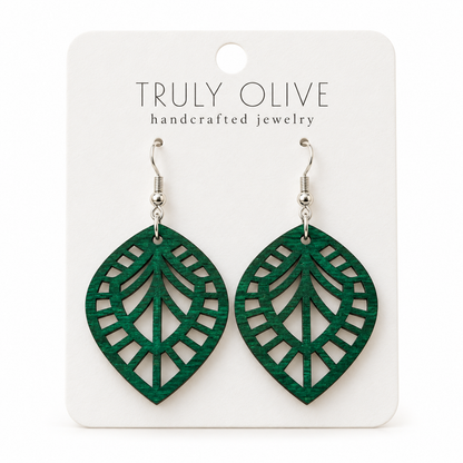 Leaf Lattice wood earrings in Green stain on a white Truly Olive card.