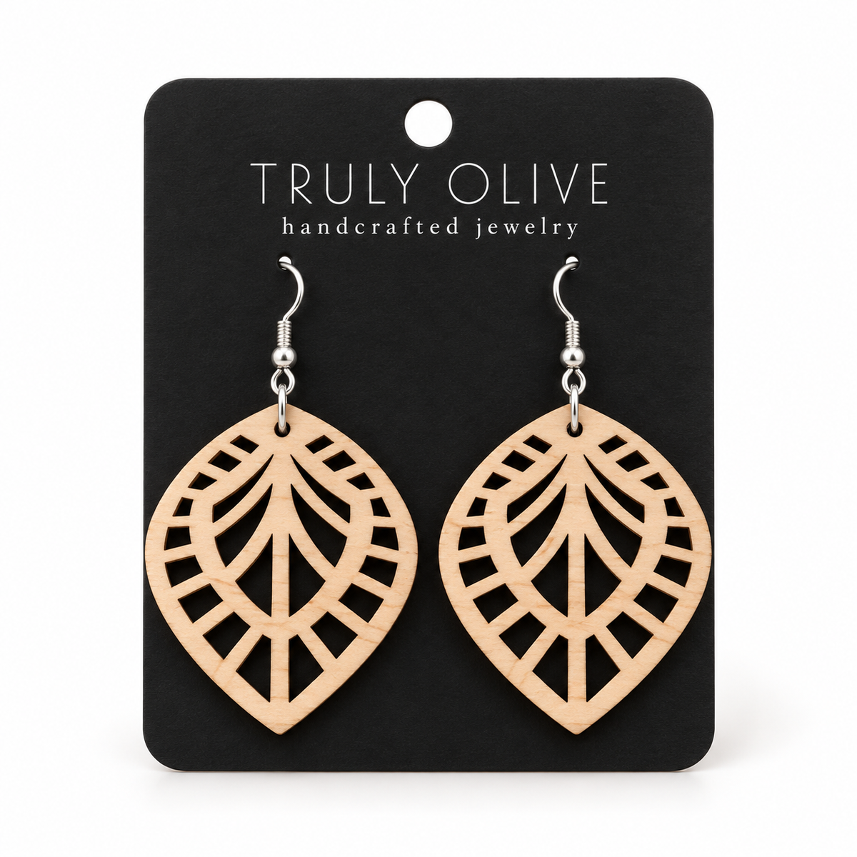 Leaf Lattice wood earrings in Maple stain on a black Truly Olive card.