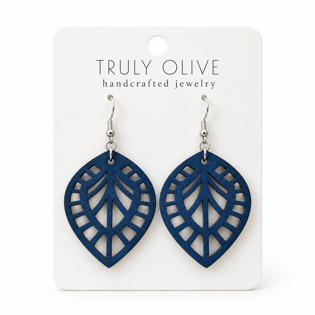 Leaf Lattice wood earrings in Marine Blue stain on a white Truly Olive card.