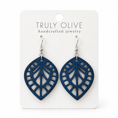 Leaf Lattice wood earrings in Marine Blue stain on a white Truly Olive card.