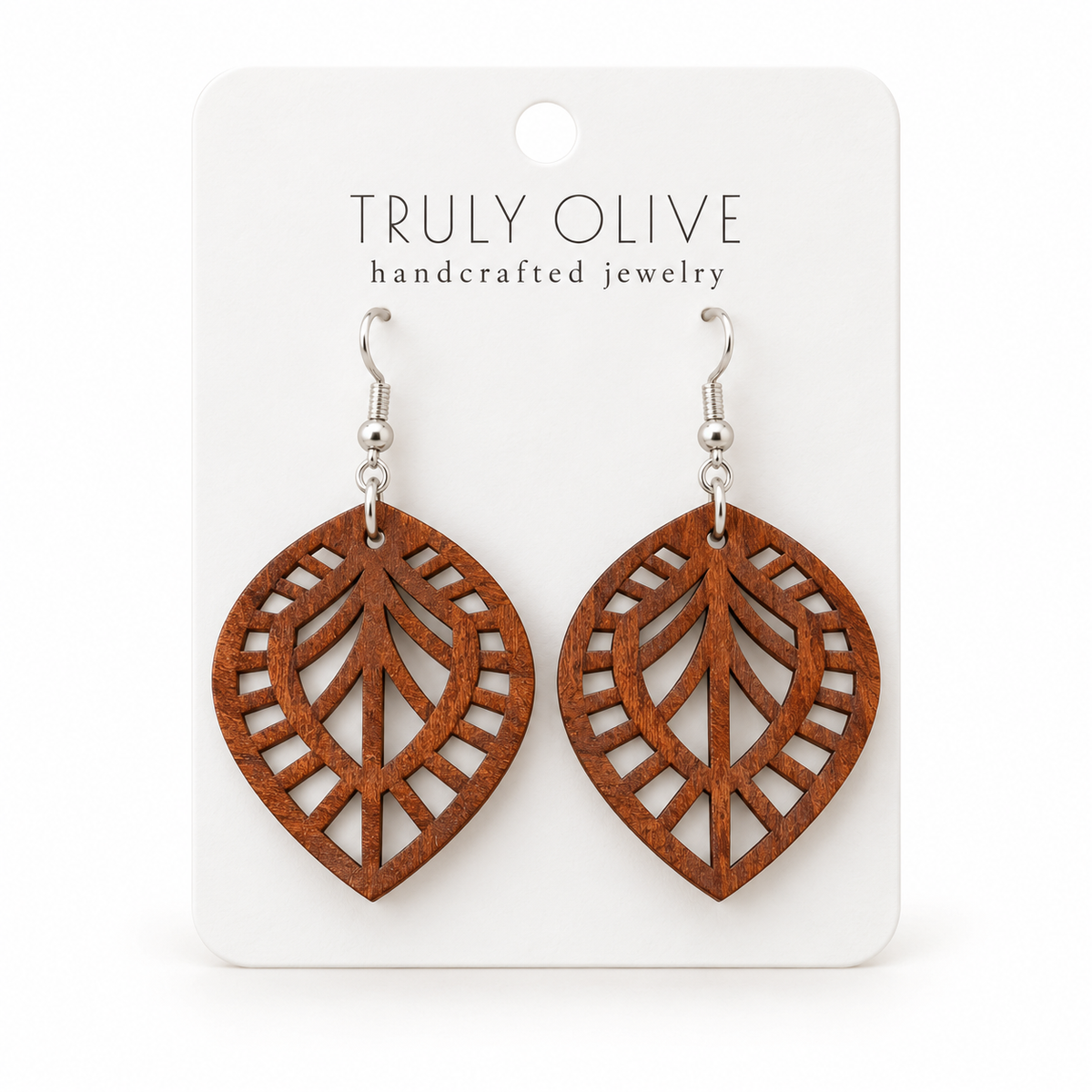 Leaf Lattice wood earrings in Sapele stain on a white Truly Olive card.