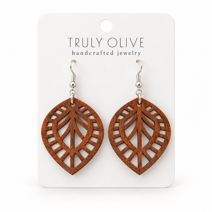 Leaf Lattice wood earrings in Sapele stain on a white Truly Olive card.