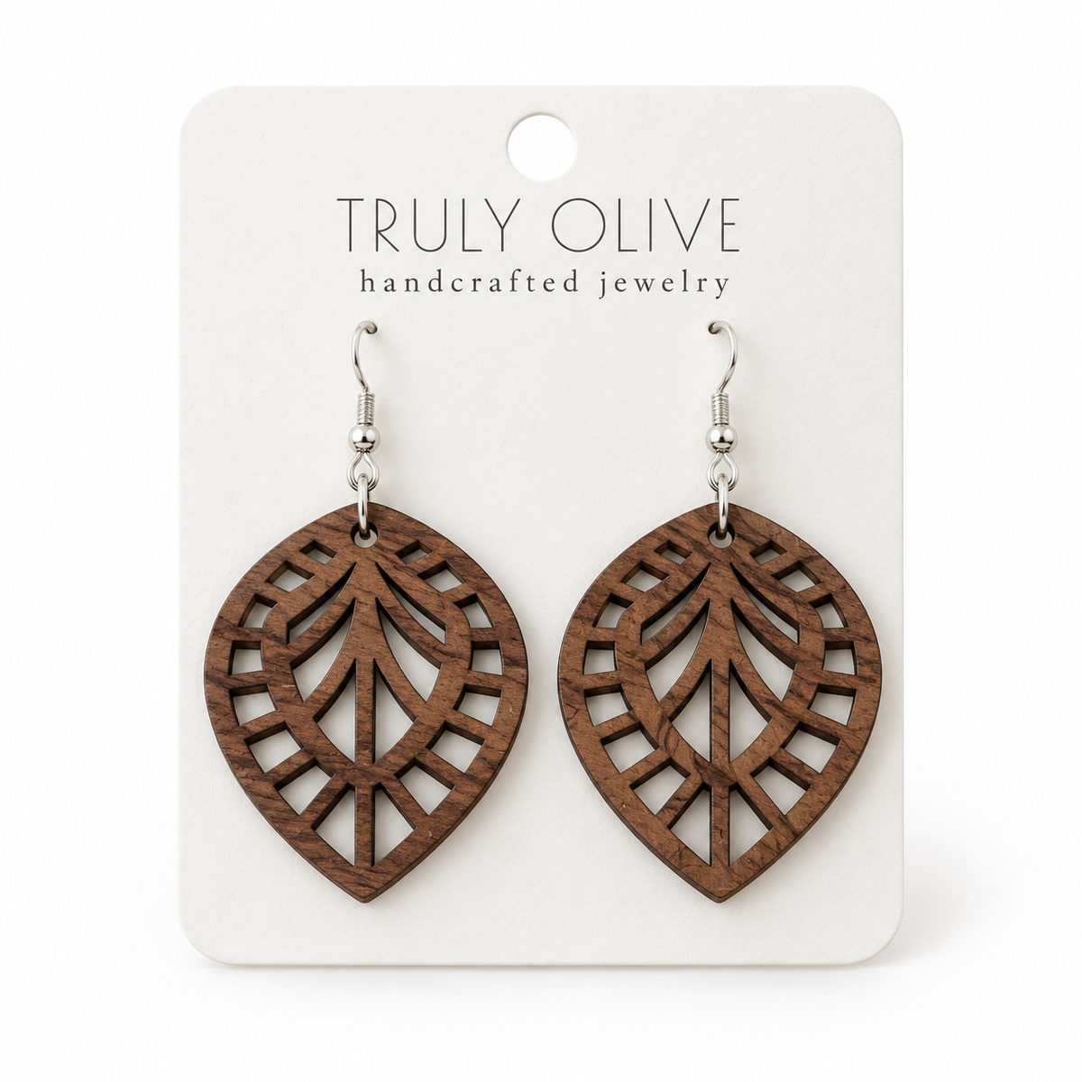 Leaf Lattice wood earrings in Walnut stain on a white Truly Olive card.
