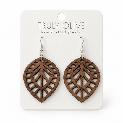 Leaf Lattice wood earrings in Walnut stain on a white Truly Olive card.