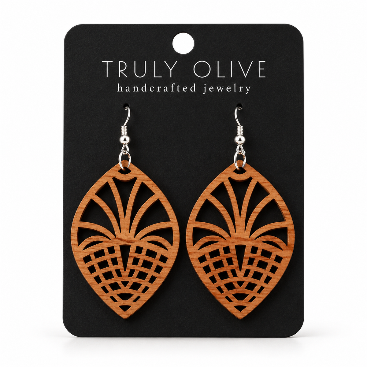 Fan Lattice wood earrings in Cherry stain on a black Truly Olive card.
