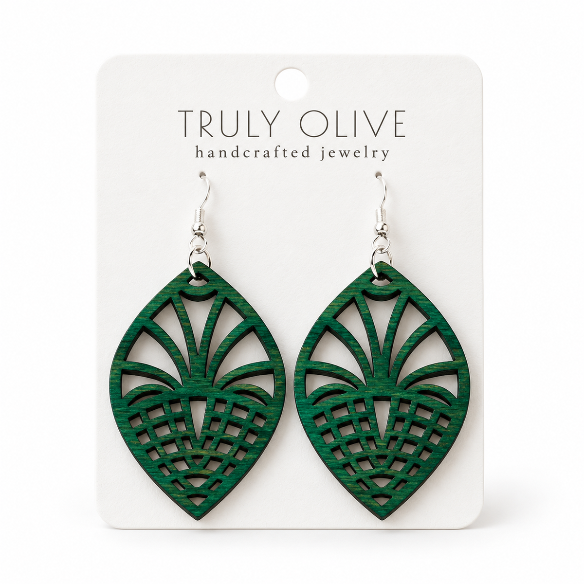 Fan Lattice wood earrings in Green stain on a white Truly Olive card.