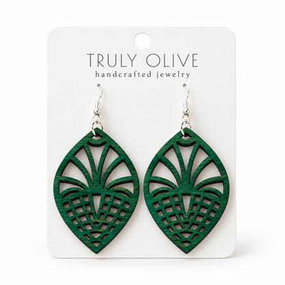 Fan Lattice wood earrings in Green stain on a white Truly Olive card.