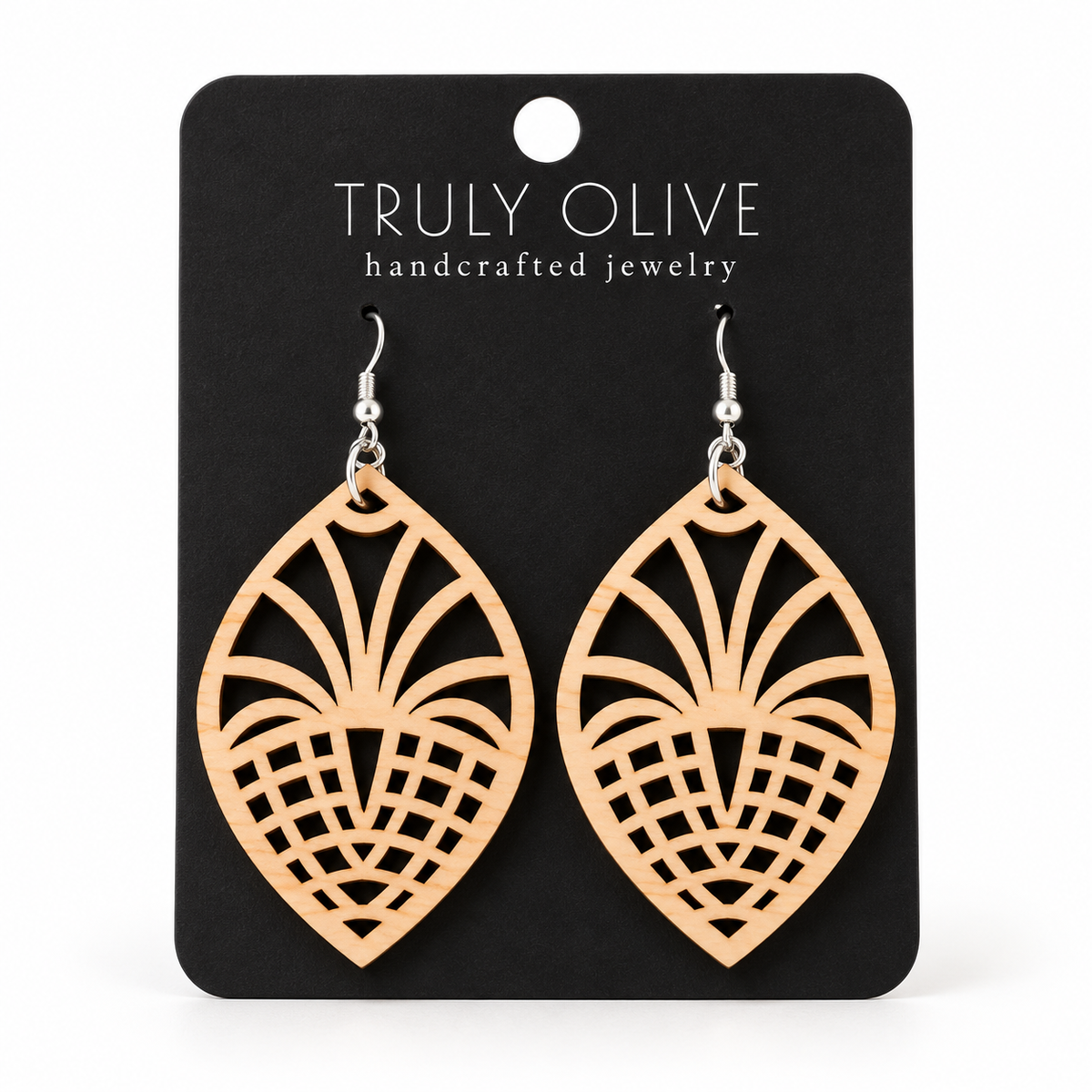 Fan Lattice wood earrings in Maple stain on a black Truly Olive card.