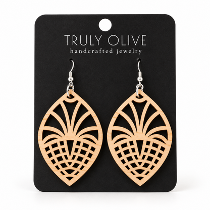 Fan Lattice wood earrings in Maple stain on a black Truly Olive card.