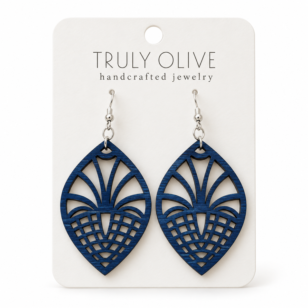 Fan Lattice wood earrings in Marine Blue stain on a white Truly Olive card.