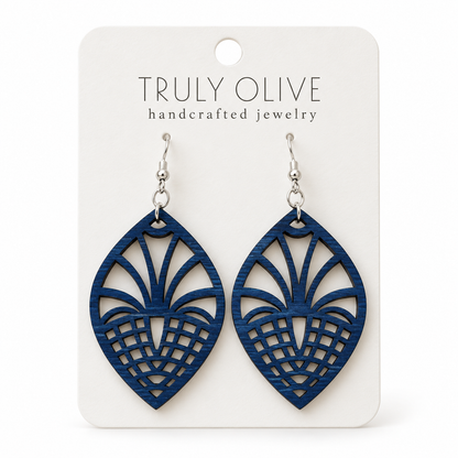 Fan Lattice wood earrings in Marine Blue stain on a white Truly Olive card.