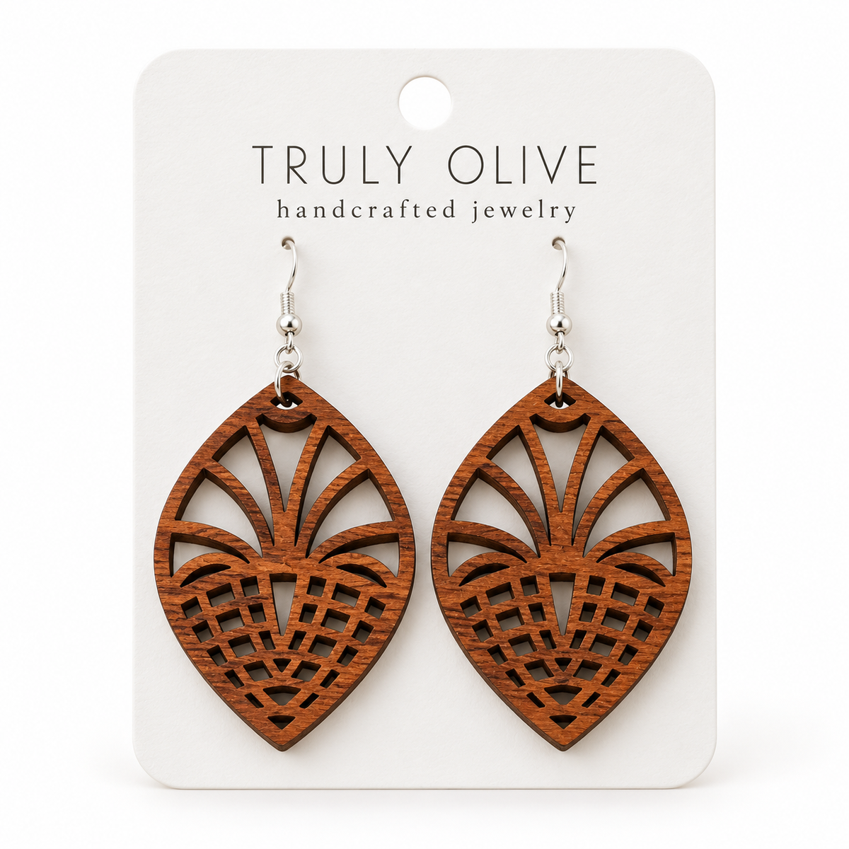 Fan Lattice wood earrings in Sapele stain on a white Truly Olive card.