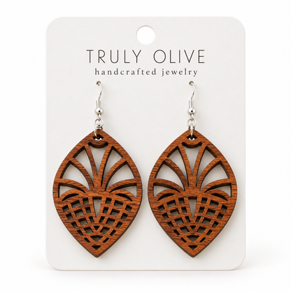 Fan Lattice wood earrings in Sapele stain on a white Truly Olive card.
