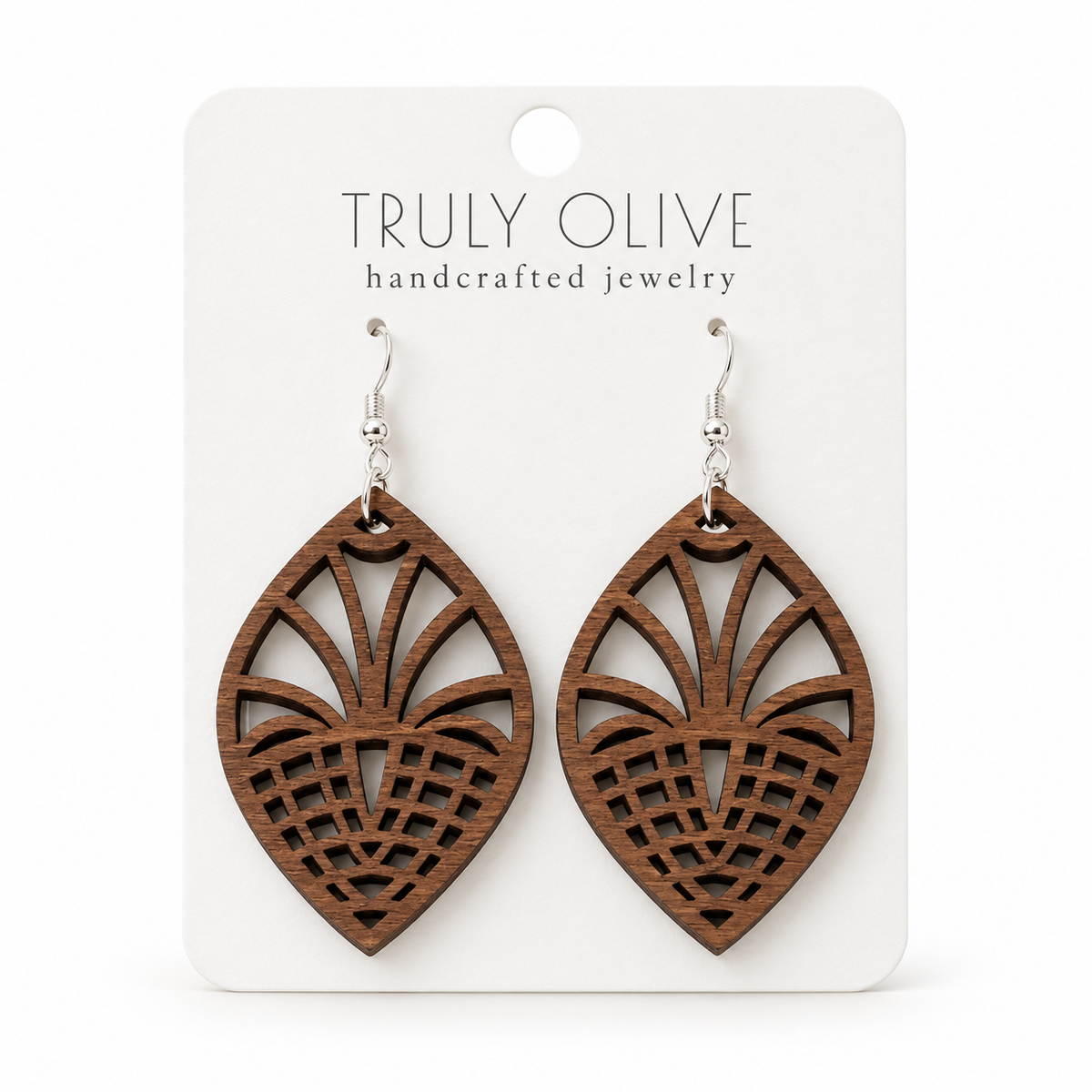 Fan Lattice wood earrings in Walnut stain on a white Truly Olive card.