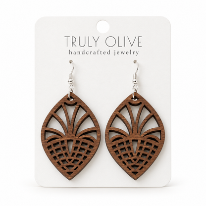 Fan Lattice wood earrings in Walnut stain on a white Truly Olive card.