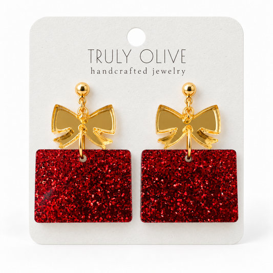 Truly Olive Red Glitter Christmas Present Earrings with Gold Bows - Earrings Dangle Earrings