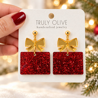 Truly Olive Red Glitter Christmas Present Earrings with Gold Bows - Earrings Dangle Earrings