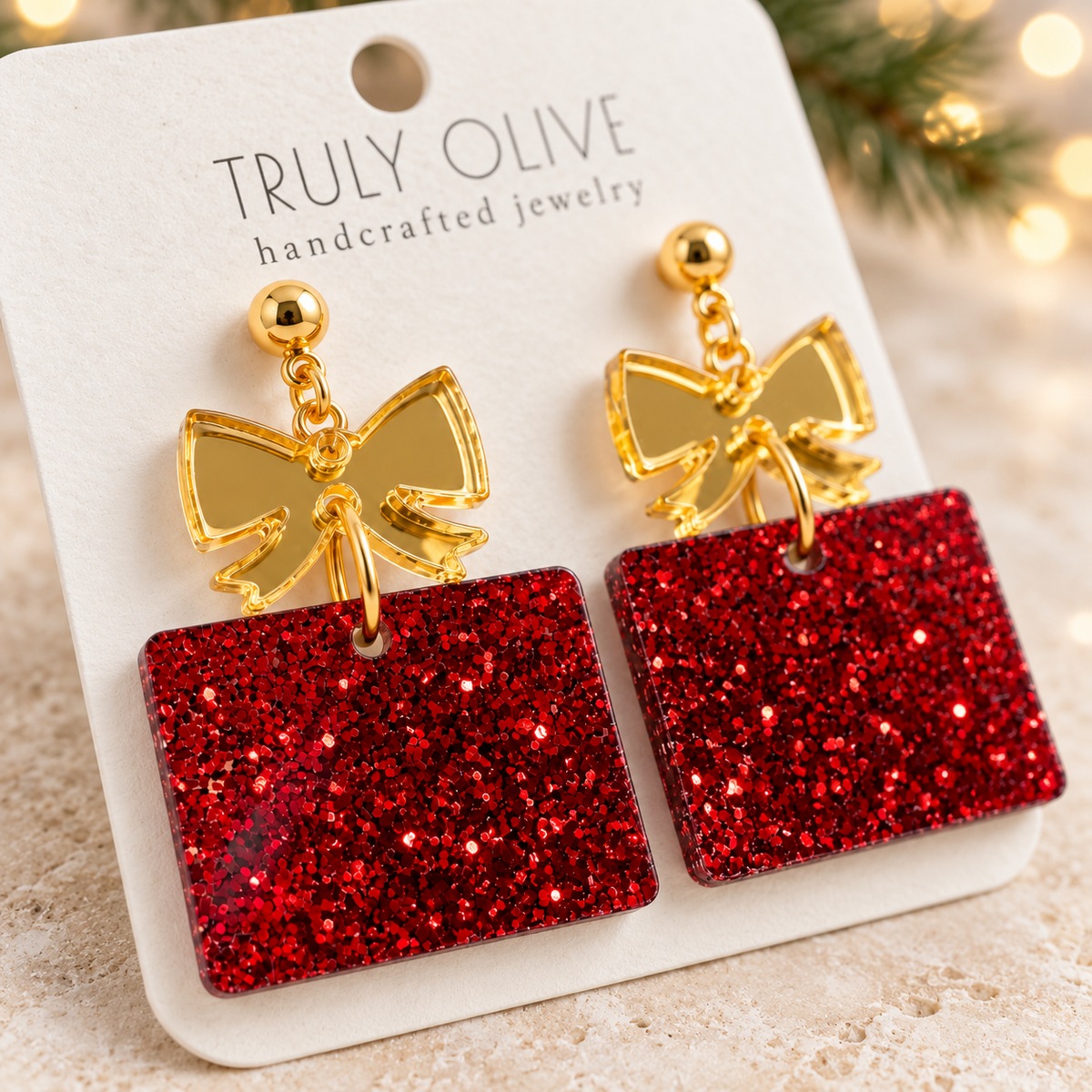 Truly Olive Red Glitter Christmas Present Earrings with Gold Bows - Earrings Dangle Earrings