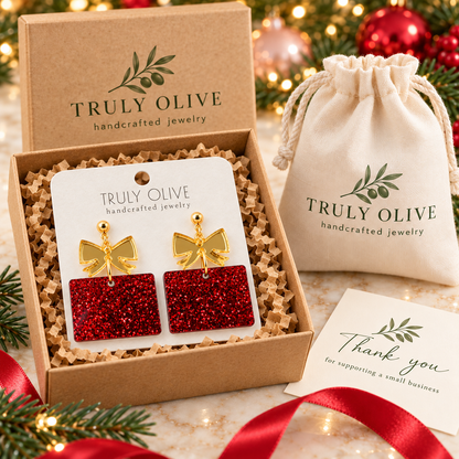 Truly Olive Red Glitter Christmas Present Earrings with Gold Bows - Earrings Dangle Earrings