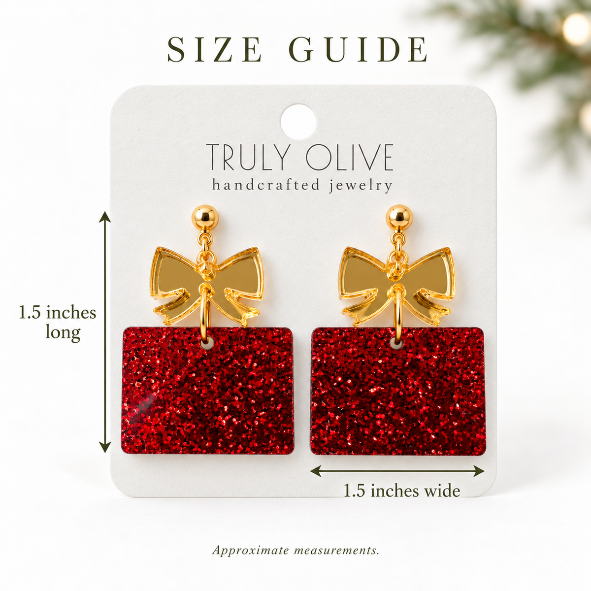 Truly Olive Red Glitter Christmas Present Earrings with Gold Bows - Earrings Dangle Earrings