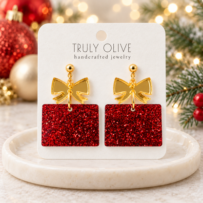 Truly Olive Red Glitter Christmas Present Earrings with Gold Bows - Earrings Dangle Earrings