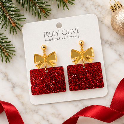 Truly Olive Red Glitter Christmas Present Earrings with Gold Bows - Earrings Dangle Earrings