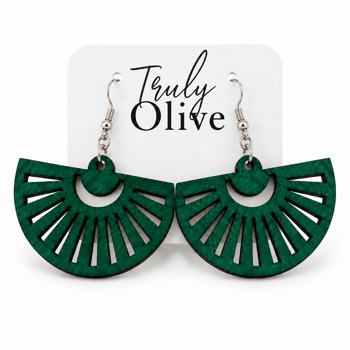 Green fan-shaped wood earrings with silver hooks on a white Truly Olive card.