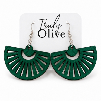 Green fan-shaped wood earrings with silver hooks on a white Truly Olive card.