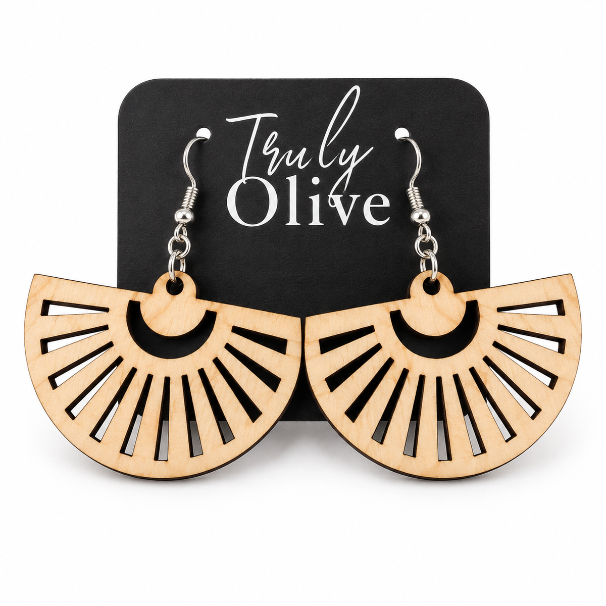 Maple fan-shaped wood earrings with radial cutouts and silver hooks on a black Truly Olive card.