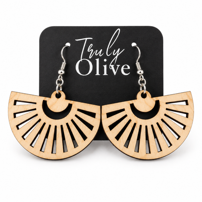 Maple fan-shaped wood earrings with radial cutouts and silver hooks on a black Truly Olive card.
