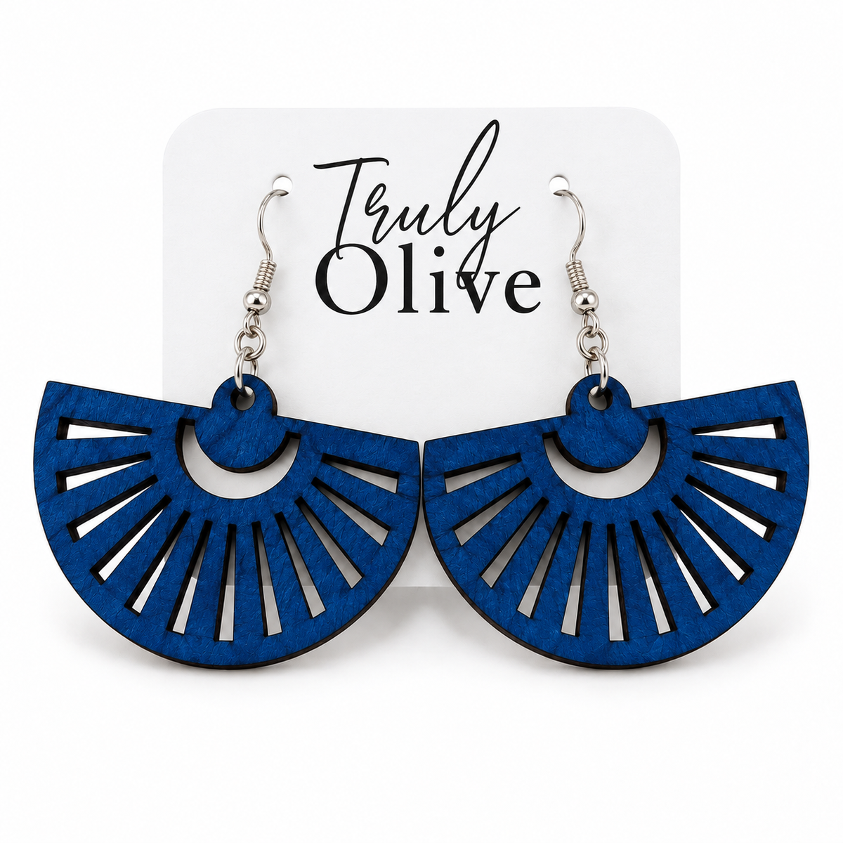 Marine Blue fan-shaped wood earrings with silver hooks on a white Truly Olive card.