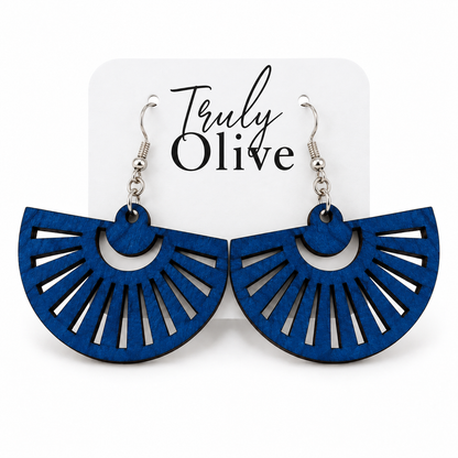 Marine Blue fan-shaped wood earrings with silver hooks on a white Truly Olive card.