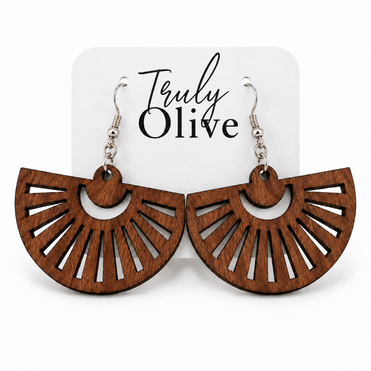 Sapele fan-shaped wood earrings with natural grain on a white Truly Olive card.