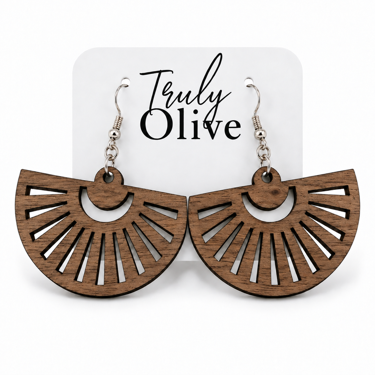 Walnut fan-shaped wood earrings with natural grain on a white Truly Olive card.